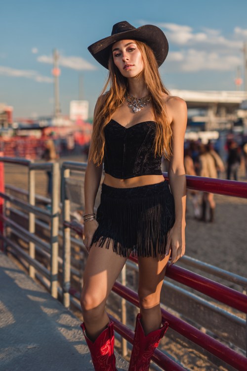 western nightlife fashion look, woman wearing a black fringe mini skirt and black strapless crop top, wide black cowboy hat, statement necklace
