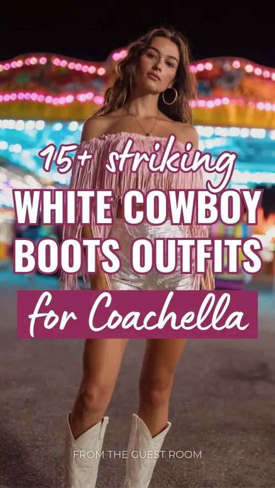 woman in Coachella outfit with white cowboy boots, an off-shoulder pink fringe crop top with long layered tassels, shiny metallic silver high-waisted shorts, large hoop earrings