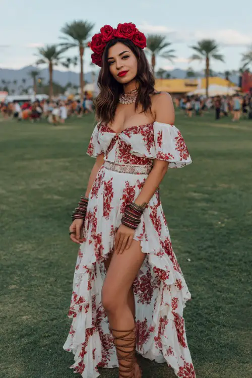 woman in bold red rose flower crown, white off-shoulder high-low dress with red floral print, layered bohemian bracelets, strappy gladiator sandals