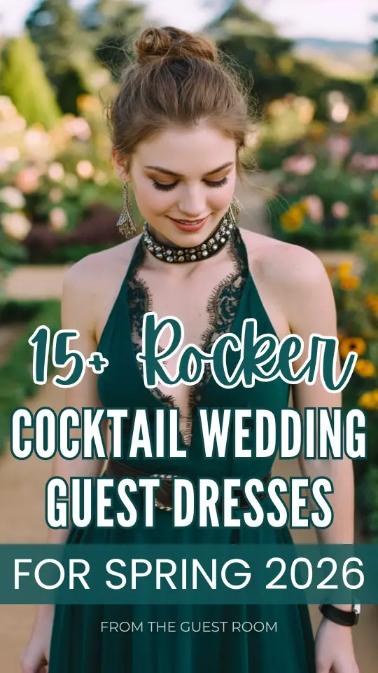 woman in classy spring rocker wedding guest dress with lace details, studded belt, ankle boots, bold silver accessories