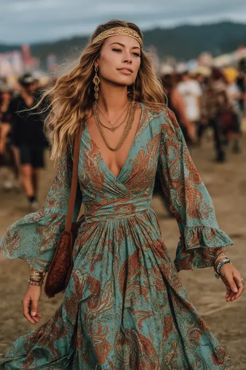 woman in flowing paisley maxi dress in dusty sage green muted teal burnt orange and antique gold, wrap neckline, with empire waist and bell sleeves