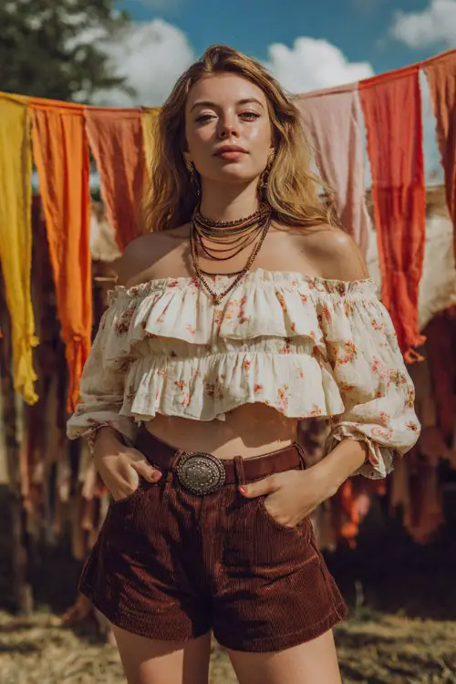 woman in off shoulder cream beige ruffle crop blouse with soft terracotta floral print, high waisted dark chocolate brown suede shorts