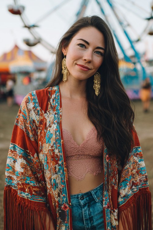 woman in patterned kimono in burnt red rust orange turquoise teal and sand beige with long fringe, dusty rose lace bralette, distressed medium blue skinny jeans