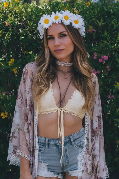 woman in white daisy flower crown, cream lace bralette with front tie detail, distressed high-waisted denim shorts, sheer floral kimono, layered choker necklaces
