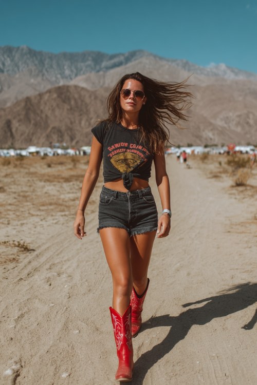 woman walking along a sandy trail wearing a black graphic crop tee and dark denim shorts, windswept hair