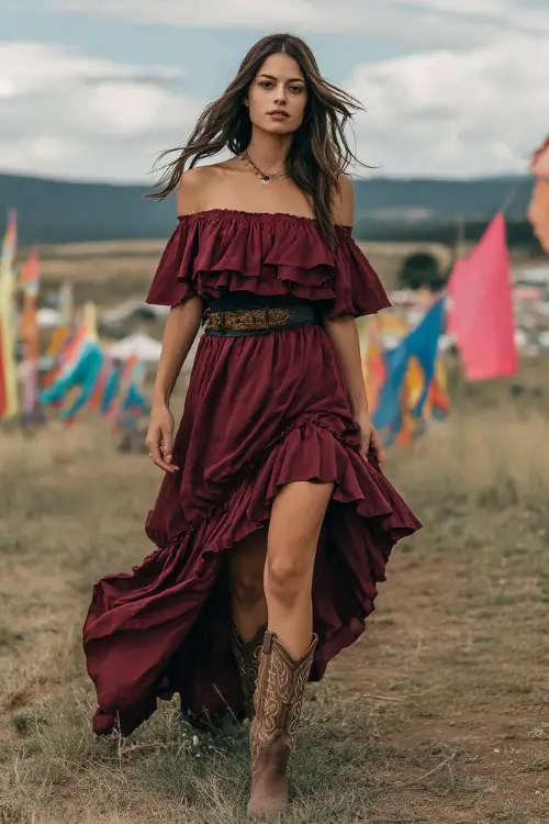 woman wearing a burgundy off-shoulder ruffled high-low dress with a leather belt and cowboy boots