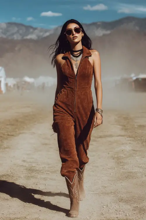 woman wearing a fitted brown suede sleeveless jumpsuit with zipper front, cowboy boots, sunglasses, layered necklaces, bracelets