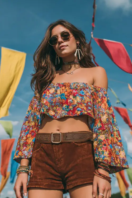 woman wearing a floral off-shoulder bohemian crop top with flowy sleeves and brown suede shorts, western belt, stacked bracelets