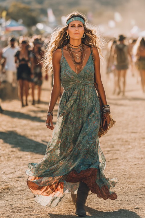 woman wearing a flowing paisley maxi green dress with long bell sleeves and wrap neckline, earthy green and rust tones, layered bohemian necklaces