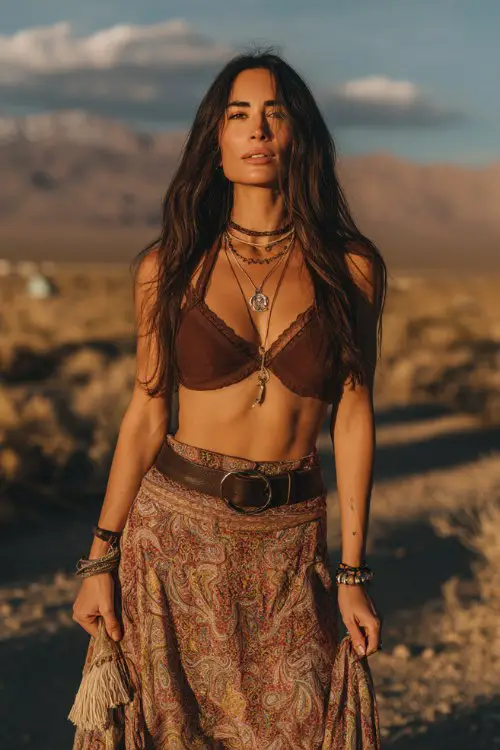 woman wearing a paisley midi skirt with a brown bralette top, layered boho jewelry, stacked bracelets, leather belt