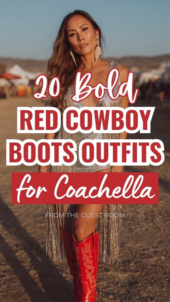 woman wearing a red cowboy boots outfit for Coachella with a shimmering silver deep-plunge bodysuit with long metallic fringe draping from the shoulders