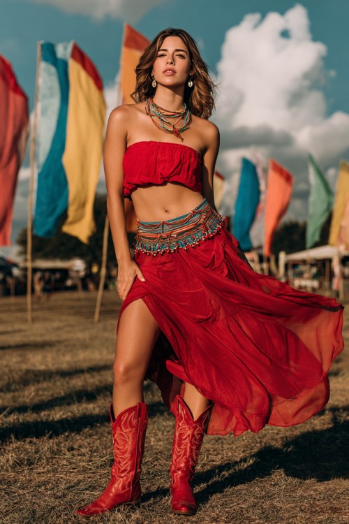 woman wearing a red strapless crop top and flowing sheer red skirt with tribal belt details, layered statement necklace