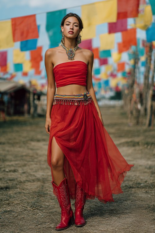 woman wearing a red strapless crop top and flowing sheer red skirt with tribal belt details, layered statement necklace