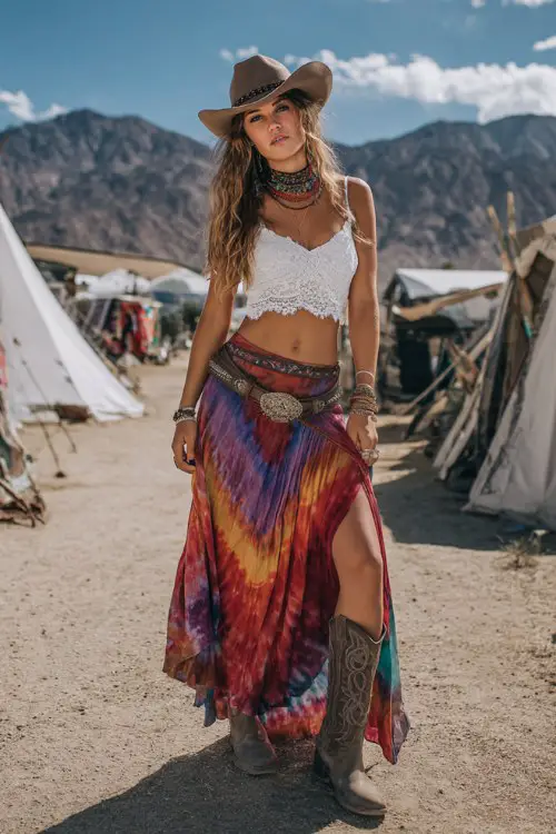 woman wearing a white lace bustier top and a colorful tie-dye maxi skirt with western belt, cowboy hat, cowboy boots