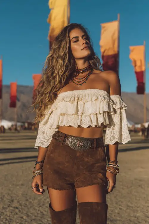 woman wearing an off-shoulder cream lace ruffle crop top, high-waisted brown leather shorts with layered bohemian necklaces, bracelets, thigh-high brown suede boots