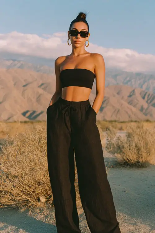 woman wearing black bandeau top, linen wide-leg pants, leather sandals, sleek bun hairstyle, oversized sunglasses