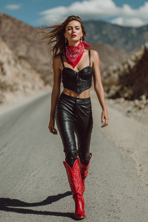 woman wearing black leather leggings and a black bustier crop top, red bandana around the neck