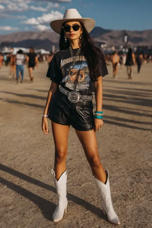 woman wearing black leather shorts, graphic vintage band tee tucked in, oversized belt with silver buckle, white cowboy boots