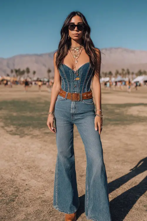 woman wearing denim corset top and high-waisted flared jeans, statement belt, pointed cowboy boots, layered necklaces