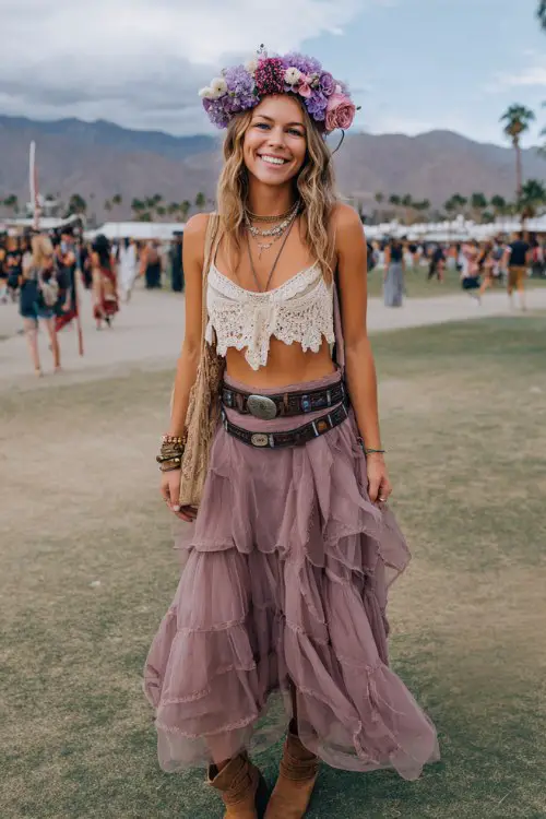 woman wears a lavender and wildflower flower crown, cream crochet bralette, sheer layered maxi skirt in dusty mauve, suede ankle boots,