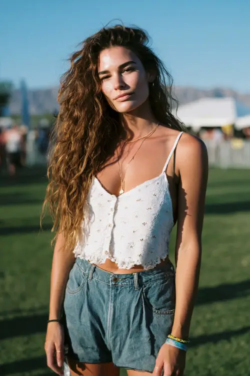 woman wears a white crop top and denim shorts
