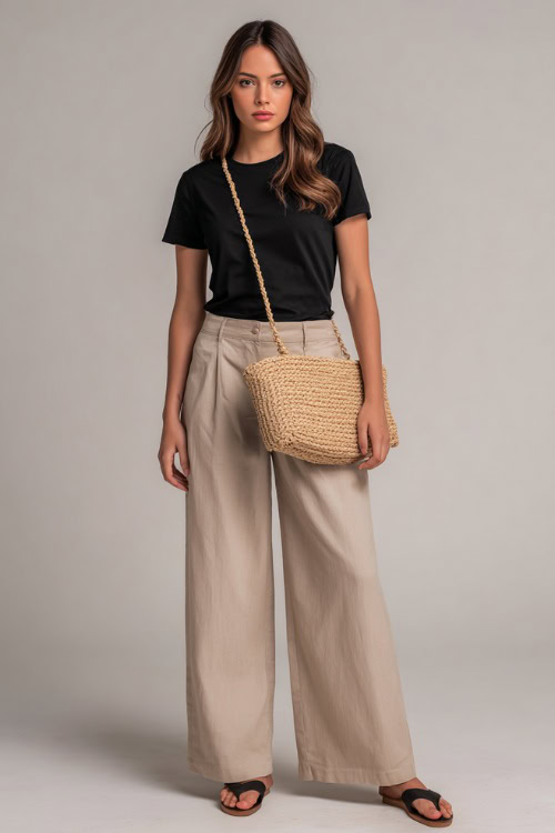 A woman in a basic black tee tucked into beige wide-leg pants with flat mules and a straw crossbody bag, styled for casual city nights, simple studio background 