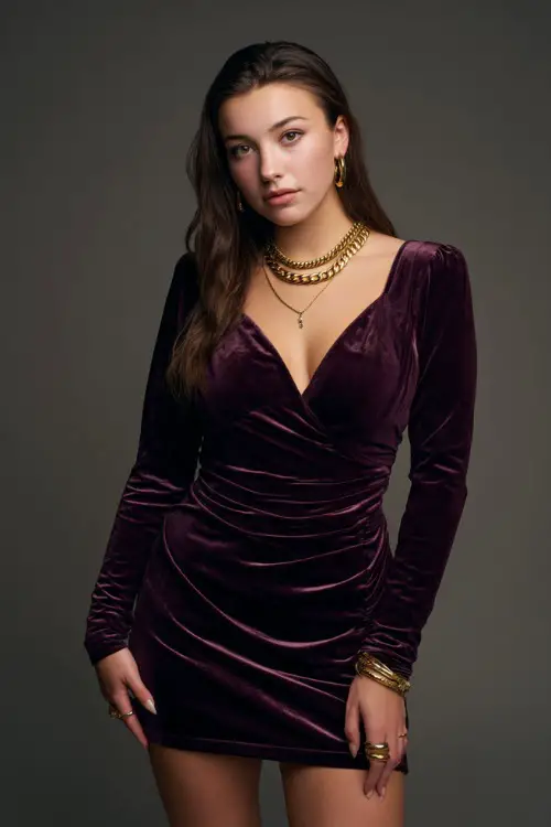 A woman in a deep plum velvet mini dress with long sleeves and gold accessories, styled for a luxe and moody summer night out, simple studio background 