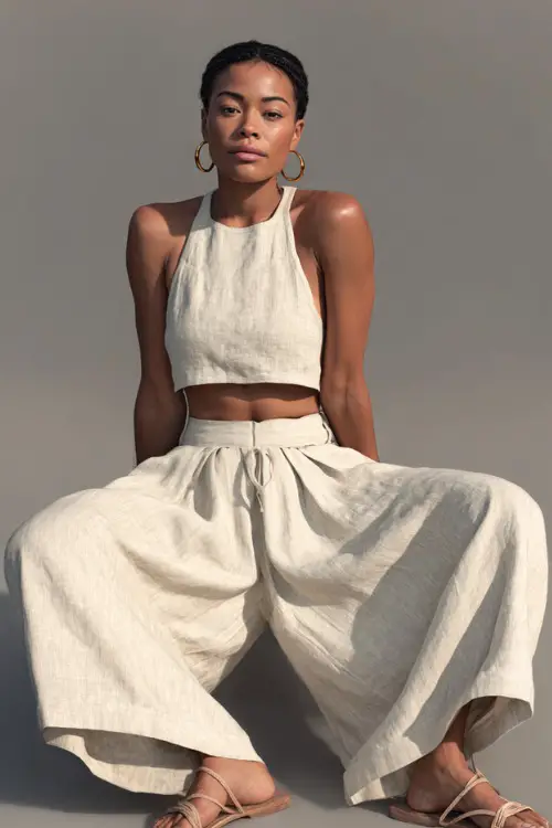 A woman in a matching linen two-piece set with a crop top and wide-leg pants, accessorized with hoop earrings and sandals, ideal for a relaxed summer night look 