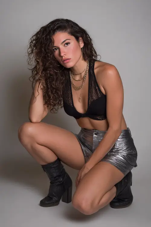 A woman in a metallic mini skirt, black sheer top with a bralette underneath, and ankle boots, styled for a bold summer night out, simple studio background 