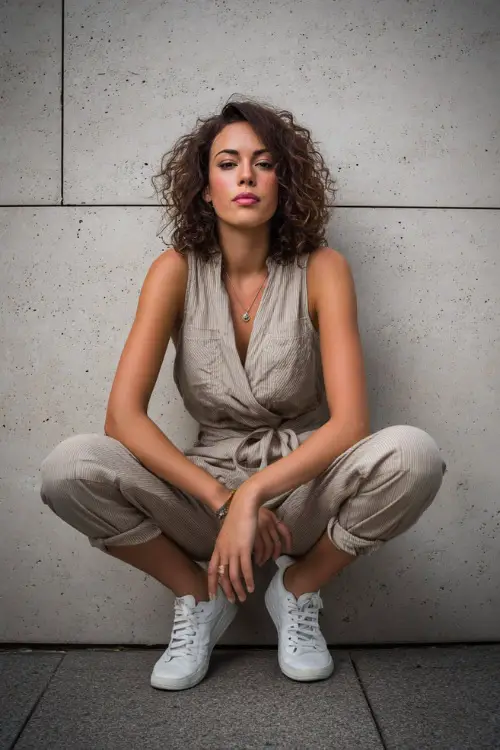 A woman in a sleeveless jumpsuit with a relaxed fit, cinched waist, and white sneakers, styled for casual outdoor dinner, simple studio background 