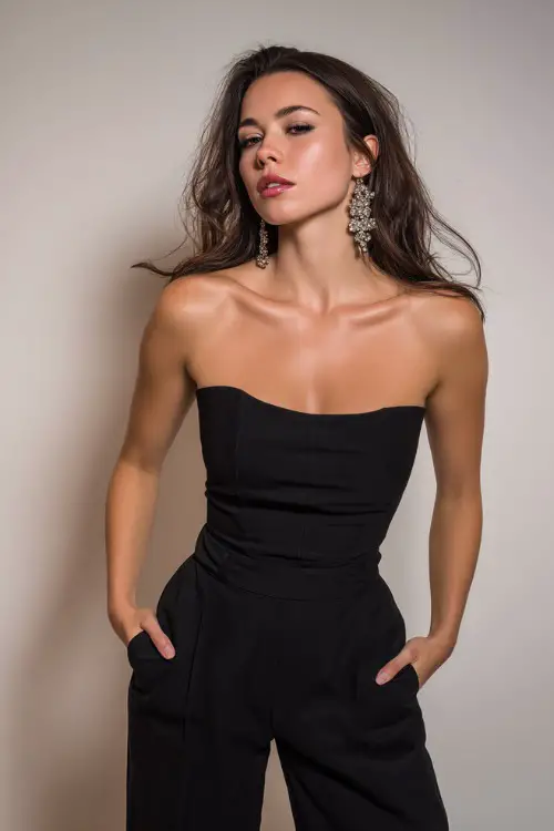 A woman in a strapless black jumpsuit with flared legs and statement earrings, styled for a chic nightclub night, simple studio background 