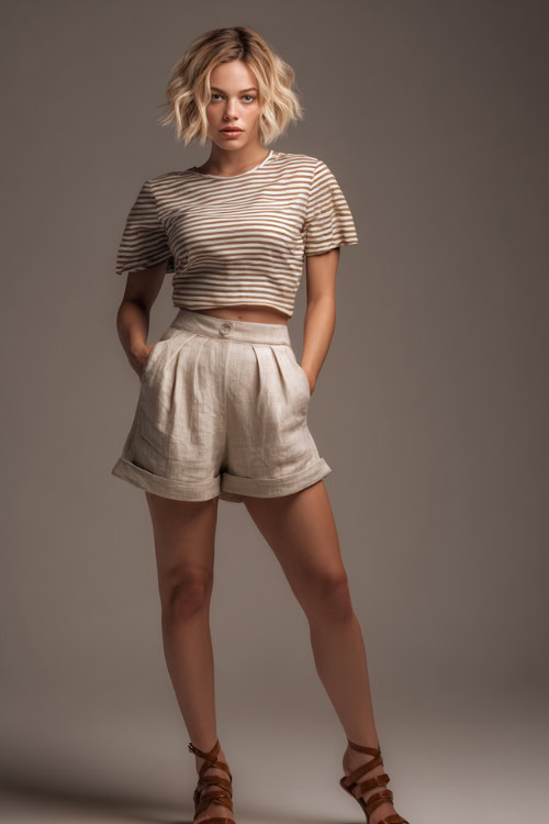 A woman in high-waisted linen shorts with a tucked-in striped tee and brown leather sandals, styled for a comfortable summer night out, simple studio background 
