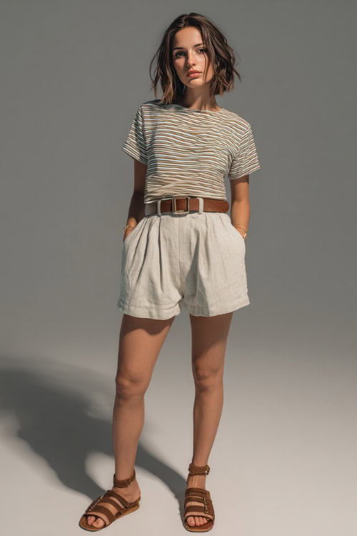 A woman in high-waisted linen shorts with a tucked-in striped tee and brown leather sandals, styled for a comfortable summer night out, simple studio background 