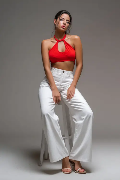 A woman wearing a bright red halter crop top with high-waisted white trousers and open-toe heels, styled for a trendy summer night, simple studio background 