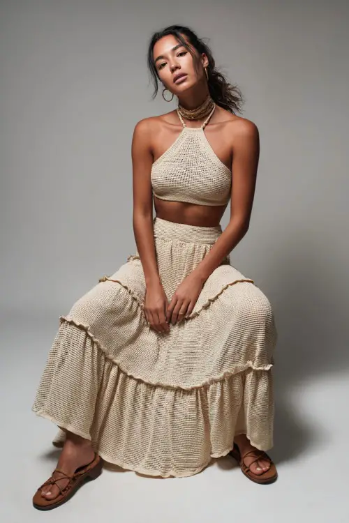 A woman wearing a knit halter top with a tiered maxi skirt and flat sandals, styled for a laid-back summer evening, simple studio background