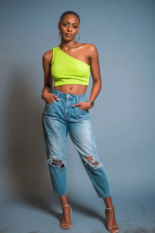 A Black woman in a neon green one-shoulder crop top with ripped denim jeans and heeled sandals, styled for a trendy and vibrant summer night out 