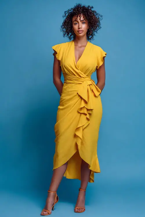 A Black woman wearing a bold yellow wrap dress with ruffle details and ankle-strap heels, styled for a radiant summer evening look, simple studio background 
