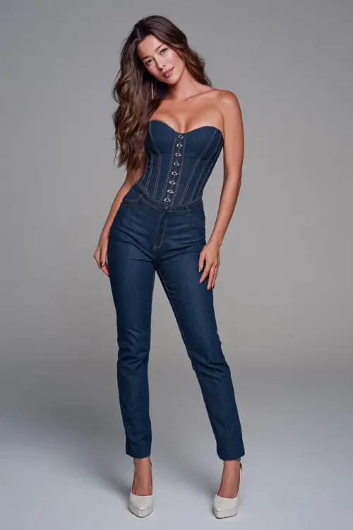 A mid-size woman in high-waisted jeans with a fitted corset-style top and block heels, styled for a flattering and modern going-out look, simple studio background 