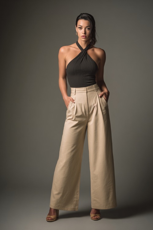 A mid-size woman wearing a fitted halter top with wide-leg trousers and wedge heels, styled for a sleek and flattering silhouette, simple studio background 