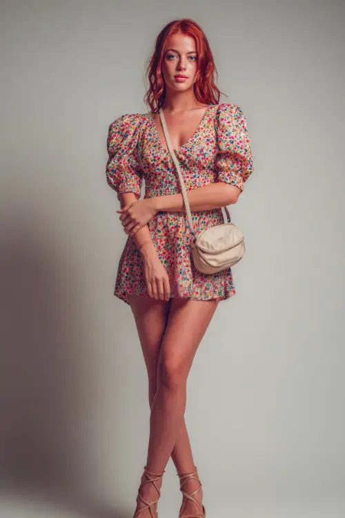 A mid-size woman wearing a puff-sleeve floral mini dress with platform heels and a crossbody bag, styled for a cute and confident summer night out 