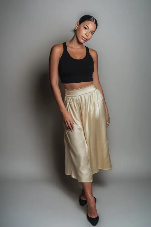 A mid-size woman wearing a silky midi skirt with a cropped knit tank and heeled mules, styled for an effortlessly elegant summer evening, simple studio background 