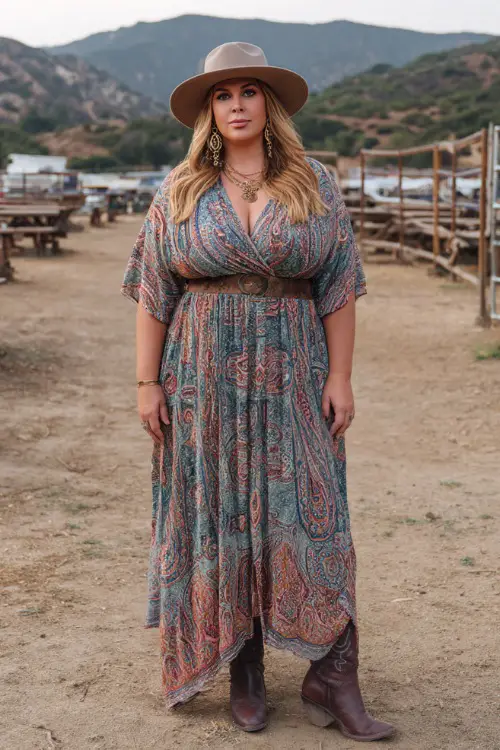 A plus-size woman dressed in a flowy boho maxi dress with paisley prints and dark brown cowgirl boots, accessorized with a felt hat and statement earrings 