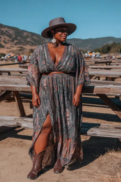 A plus-size woman dressed in a flowy boho maxi dress with paisley prints and dark brown cowgirl boots, accessorized with a felt hat and statement earrings 