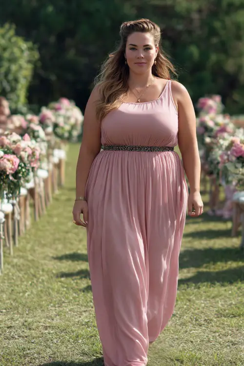A plus-size woman in a blush pink sleeveless maxi dress with a cinched waist and minimal jewelry, walking on a grassy lawn decorated with wedding chairs and flowers 