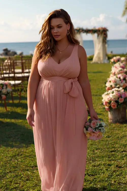 A plus-size woman in a blush pink sleeveless maxi dress with a cinched waist and minimal jewelry, walking on a grassy lawn decorated with wedding chairs and flowers 