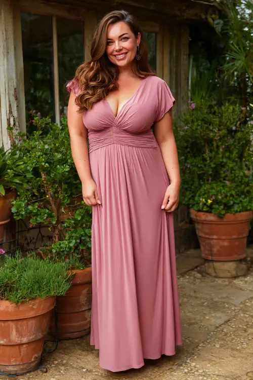 A plus-size woman in a dusty rose maxi dress with flutter sleeves and subtle ruching, posing on a patio with potted plants at a garden wedding venue 