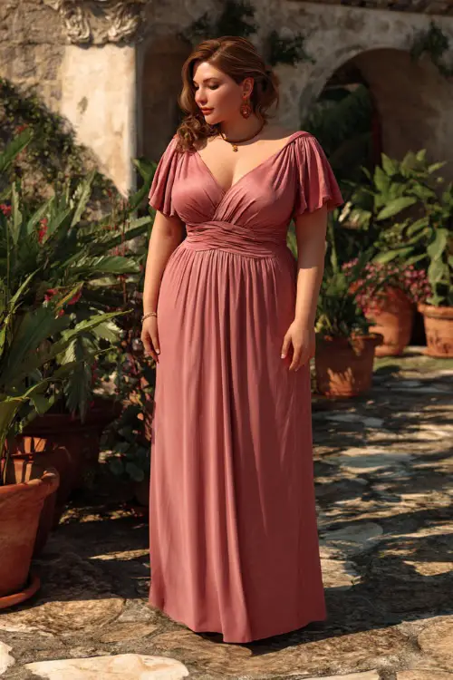 A plus-size woman in a dusty rose maxi dress with flutter sleeves and subtle ruching, posing on a patio with potted plants at a garden wedding venue 