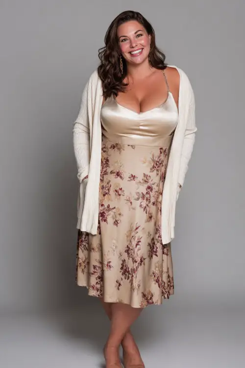 A plus-size woman in a midi slip dress with a light cardigan draped over her shoulders and open-toe heels, styled for a dinner-ready summer night 