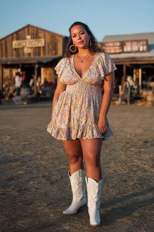 A plus-size woman in a printed ruffle hem mini dress with short sleeves, paired with white cowgirl boots and large hoop earrings