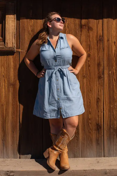 A plus-size woman in a sleeveless button-down midi dress with a cinched waist, paired with tan cowgirl boots and oversized sunglasses 